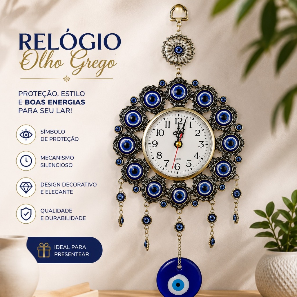 Relógio Olho Grego Para Parede Amuleto Esotérico Da Sorte afasta mau olhado inveja