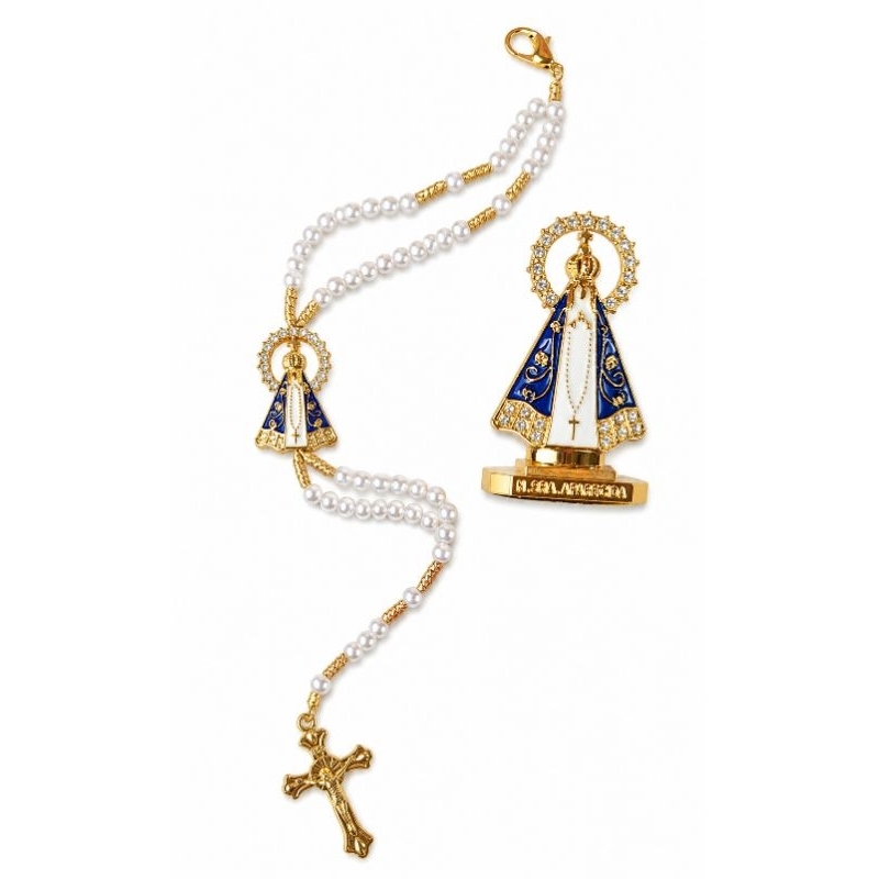 Kit Terço Pulso Pulseira Perola Nossa Senhora Aparecida + Santinha Carro Painel Auto Colante Católico Religioso Proteção