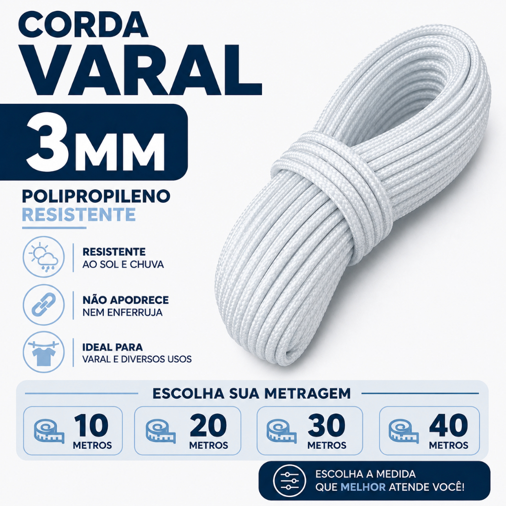 Corda P/ Varal 10/ 20 / 30/ 40  metros - Varal de Teto Quintal Apartamento 3mm