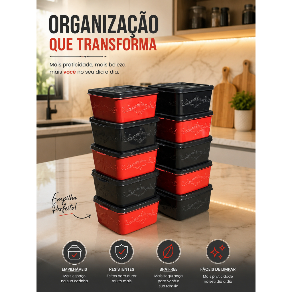Kit 10 Peças Pote Hermético Quadrado 1 Litro com Tampa – Organizador de Cozinha para Mantimentos, Geladeira e Freezer
