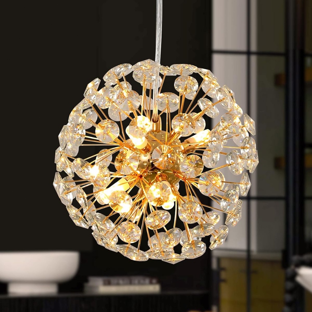 Lustre Pendente Cristal K9 Dourado 6 Luzes Moderno para Sala Jantar Quarto Suporte Lâmpada G9