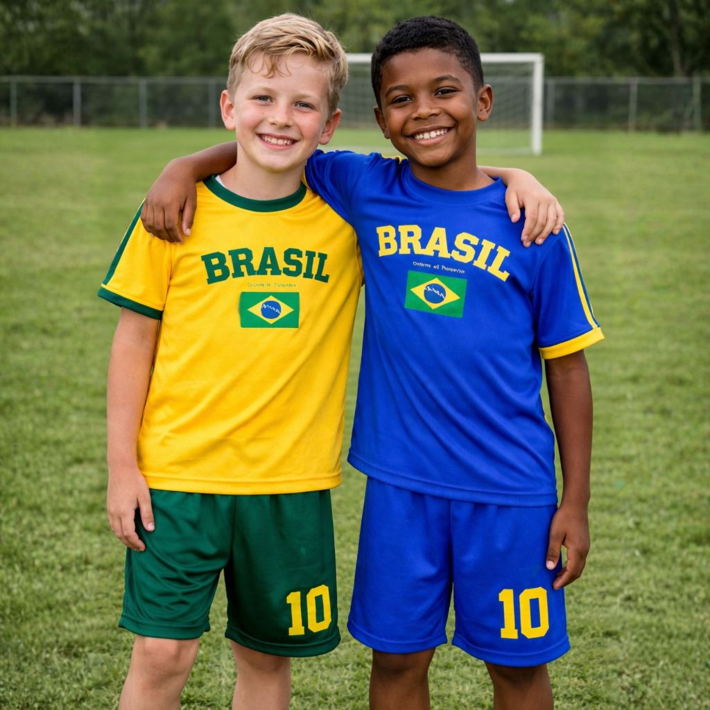 Conjunto Dry Fit Infantil Juvenil Camisa e Shorts Esportivo com Bandeira do Brasil
