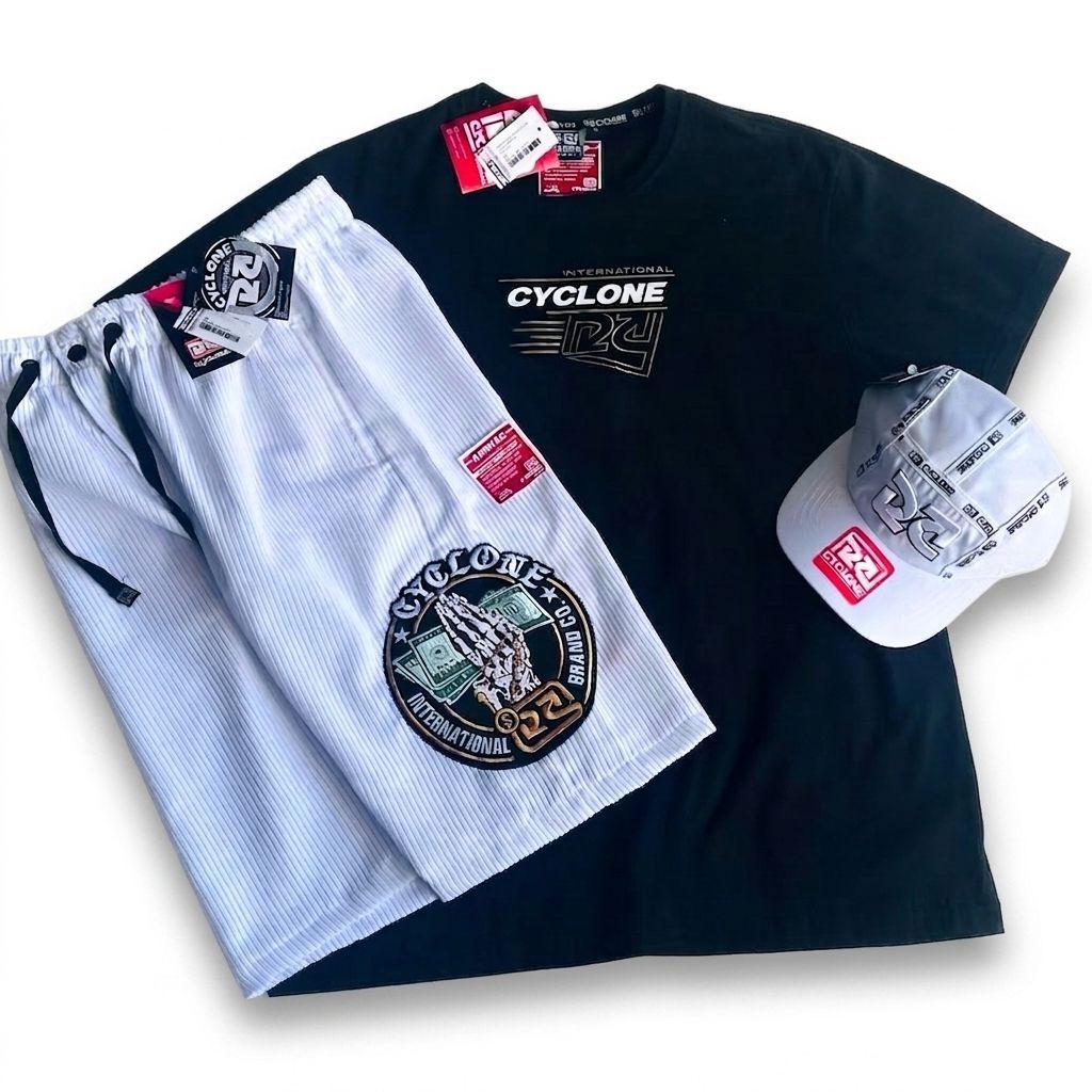 Kit Bermuda Cyclone Veludo + Camiseta e Boné Pretos Cyclone