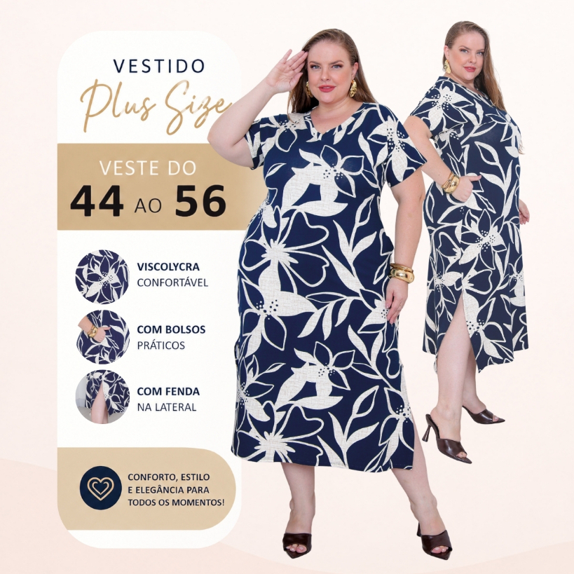 Vestido Plus Size Feminino Estampado Viscolycra Midi Longo com Bolsos Laterais Fendas veste 44 ao 56