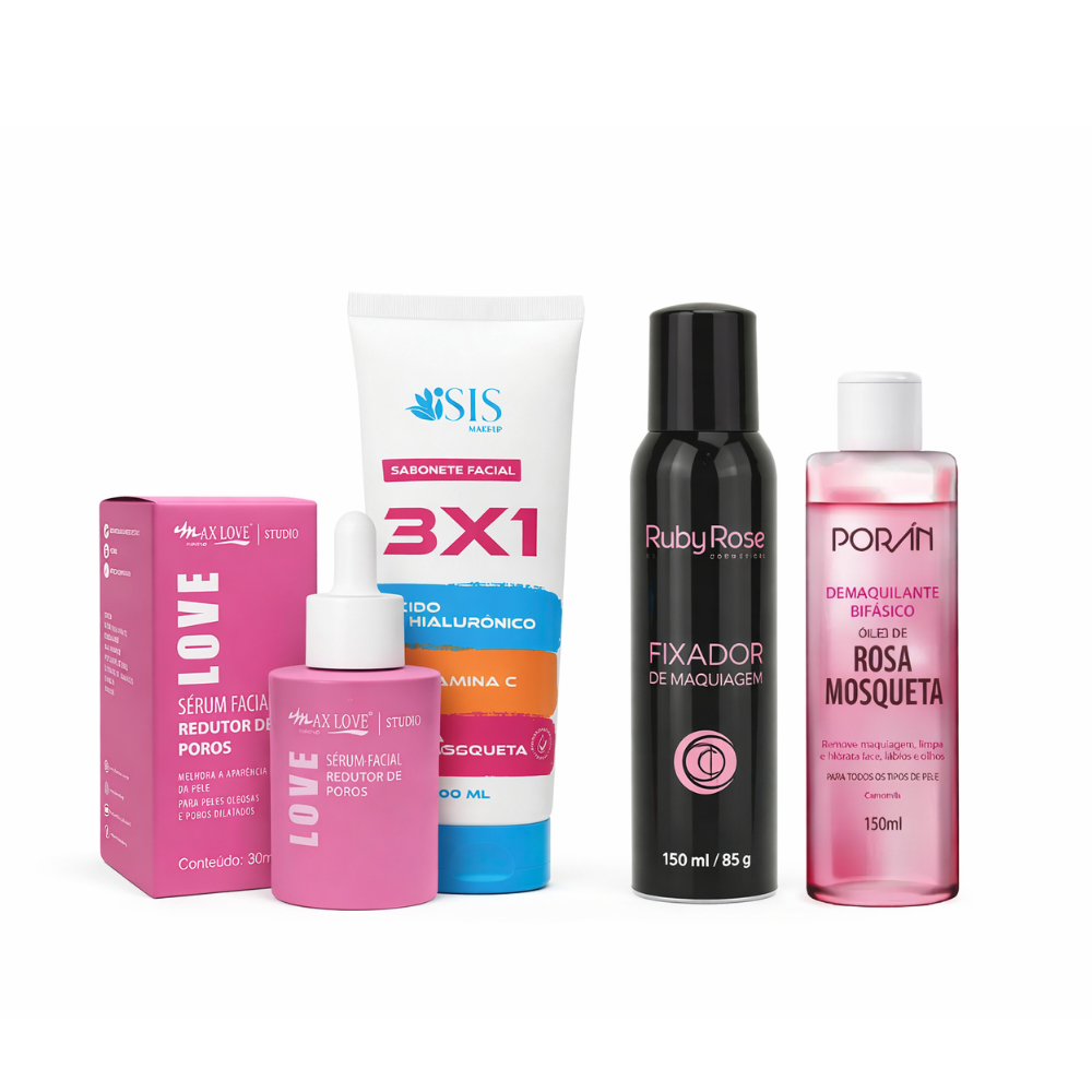 Kit Skincare Rotina Completa | Sérum Poros + Sabonete Facial + Demaquilante + Fixador Maquiagem Max Love