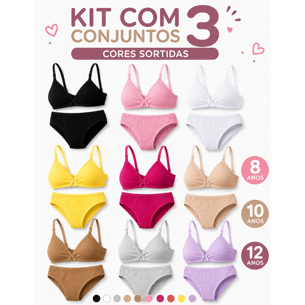 Kit 3 Conjunto Menina Moça Calcinha e Sutian Sem Bojo Lingerie Juvenil Infantil Algodão 10 a 12 Anos