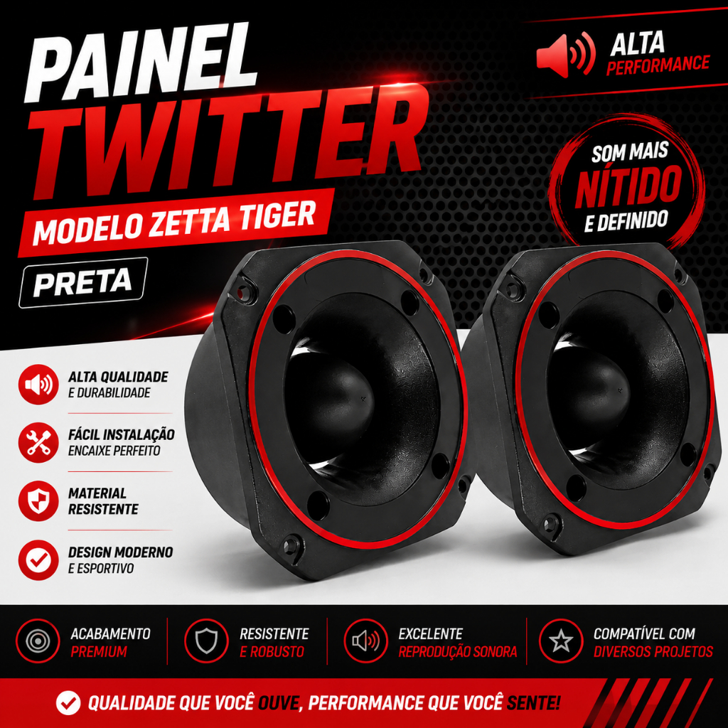Painel Tweeter Zetta Tiger Preto Som Automotivo Com Miolo Aro Vermelho