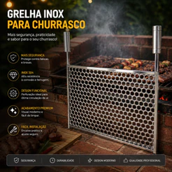 Grelha Inox 56cm 57,3cm 57,5cm 58cm Pre Moldada Tela Moeda Churrasqueira Porta Espeto