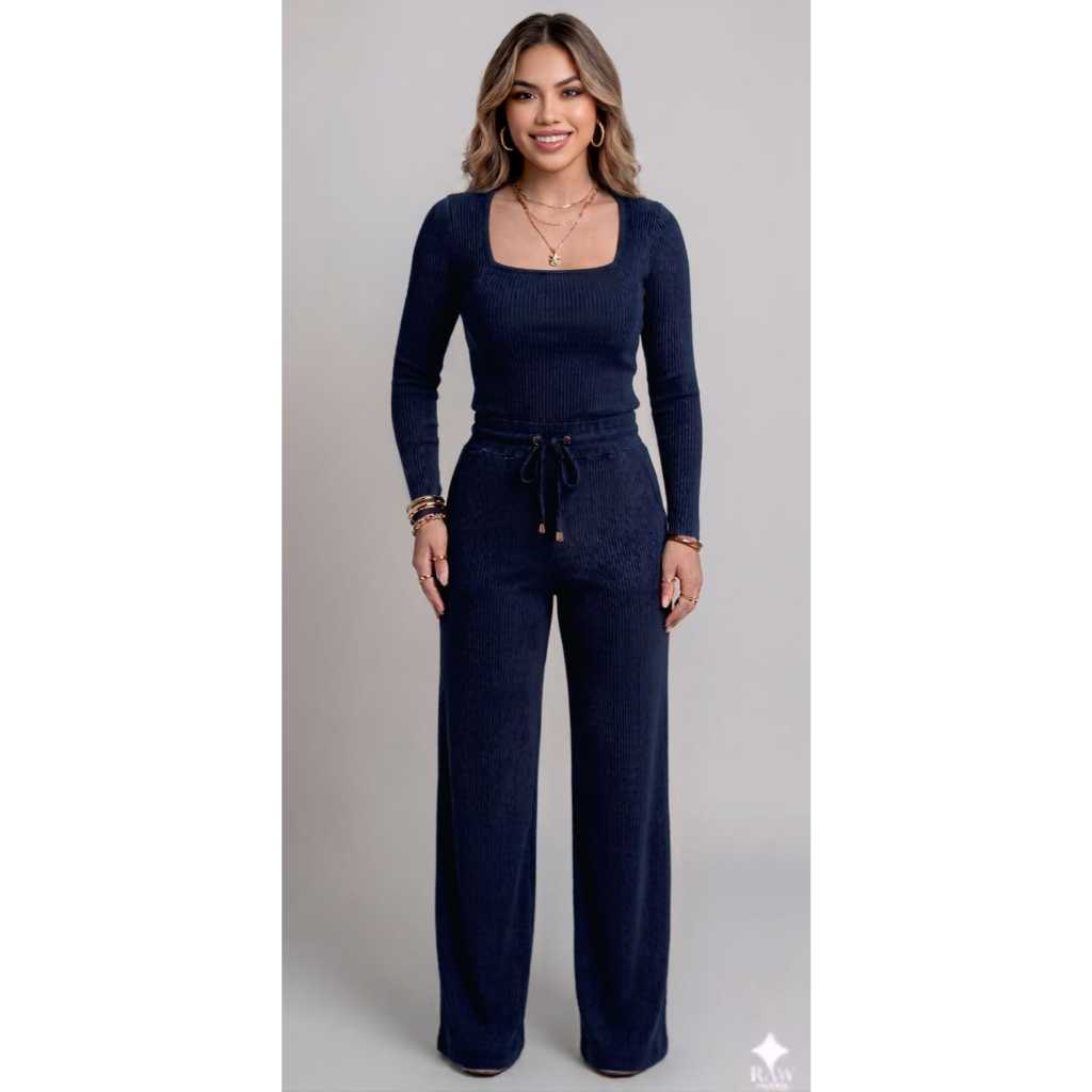 Conjunto Feminino Inverno Malha Ribana Calça Soltinha e Blusa