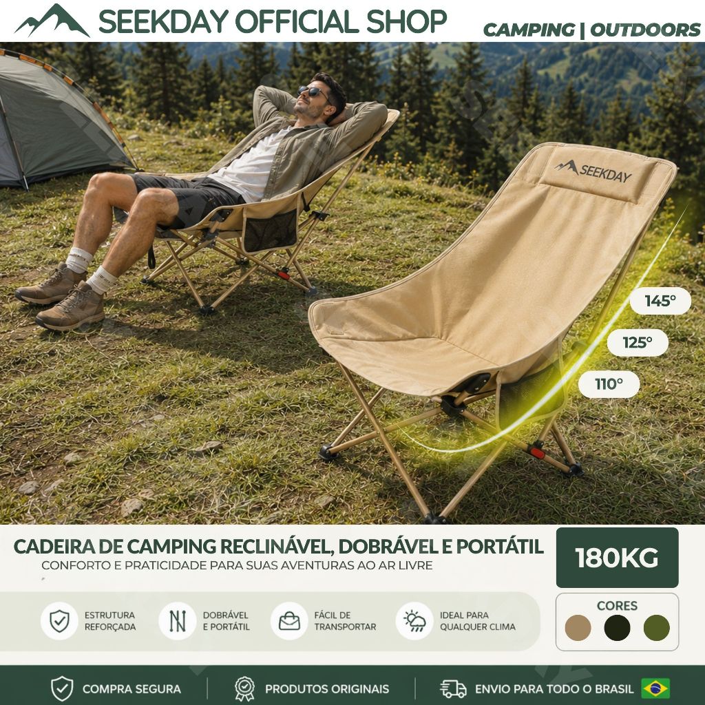 Seekday Cadeira De Camping Reclinável 3 Posições Dobrável Reforçada 180kg Praia Ajustável Oxford