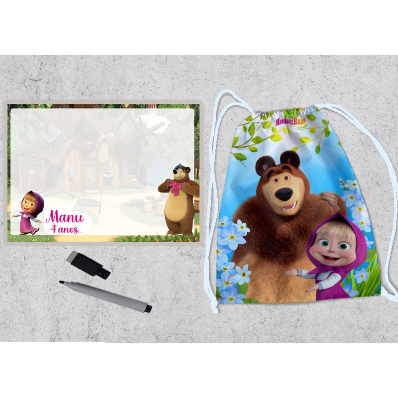 kit mochila e lousa magica personalizada para lembrancinhas da Marsha e o Urso