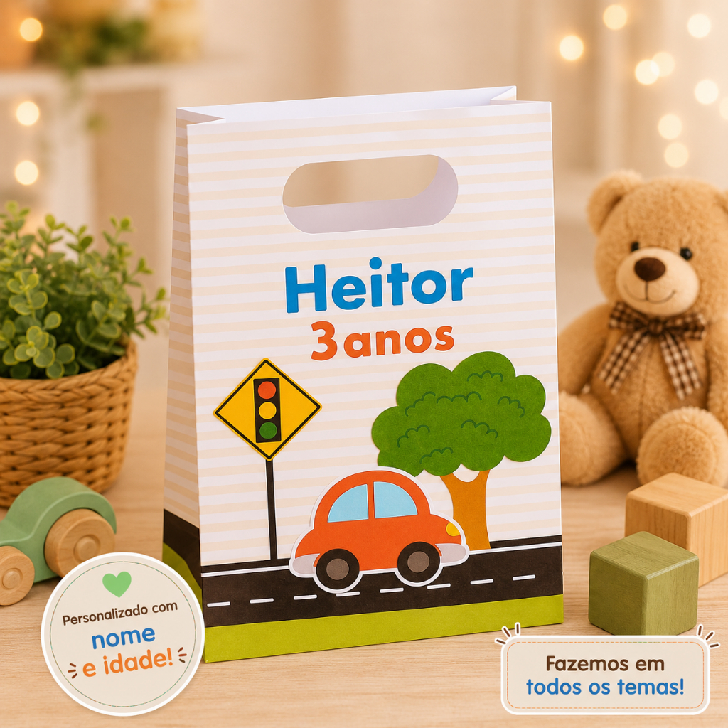 Sacolinha personalizada carrinhos para lembrancinha de Festa infantil- Fazemos Todos osTemas