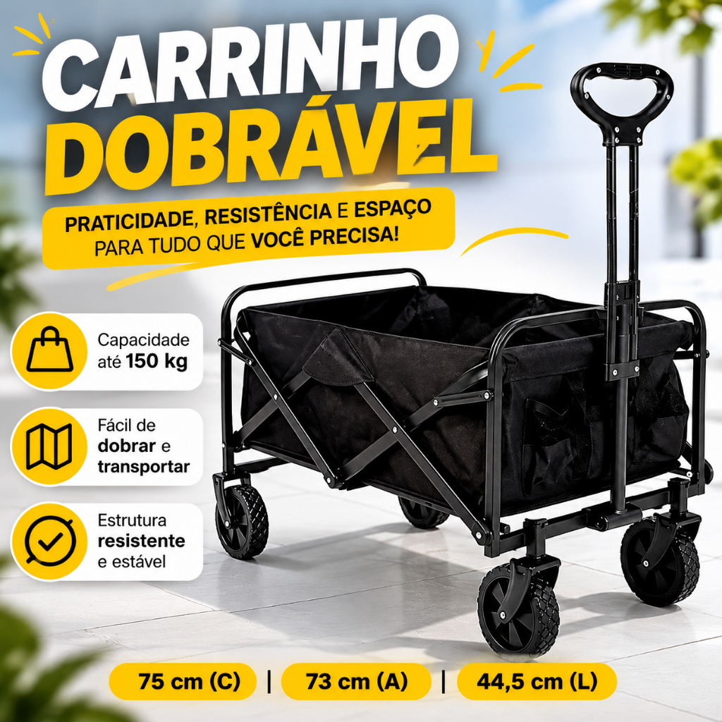 Carrinho de Feira Dobrável Aço Reforçado e Plástico Cesto Impermeável Para compras até 150kg Alças ajustável