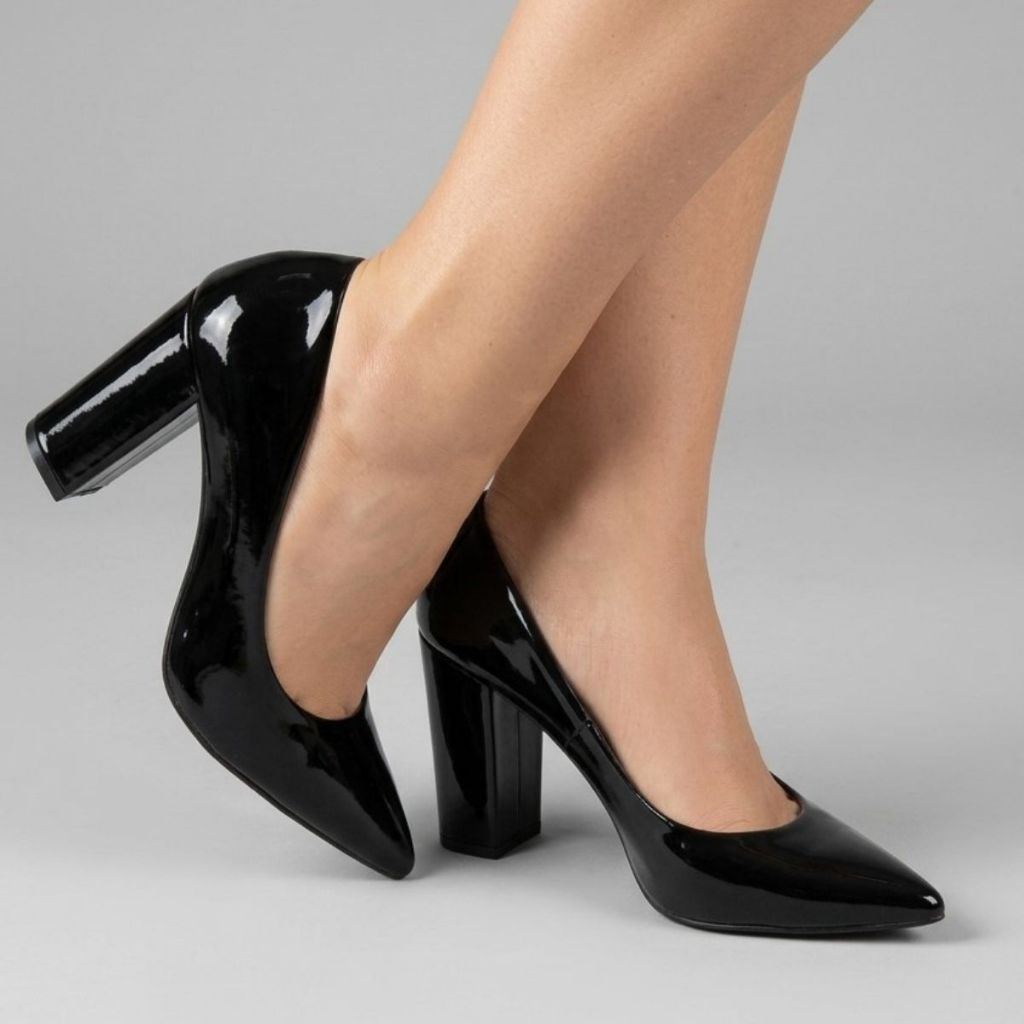 Sapato Feminino Scarpin Salto Bloco Preto Alto Feminino Social Palmilha Comfort Bico Fino