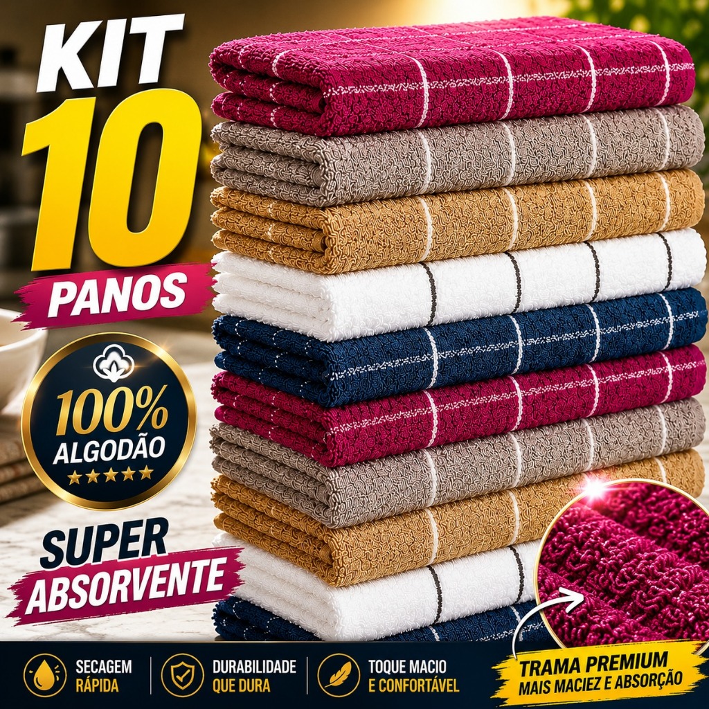 Kit 10 Toalha Cozinha Copa Pano Listrado xadrez 100% Algodão