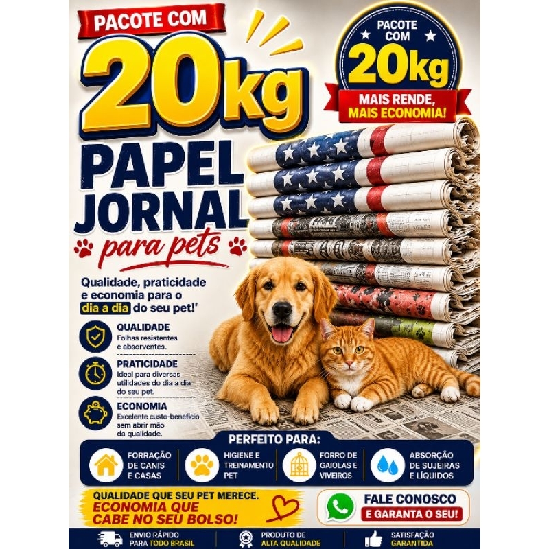 Papel jornal para Pets cachorros, gatos pássaros 20kg folha grande descartável 1,00x0,70cm