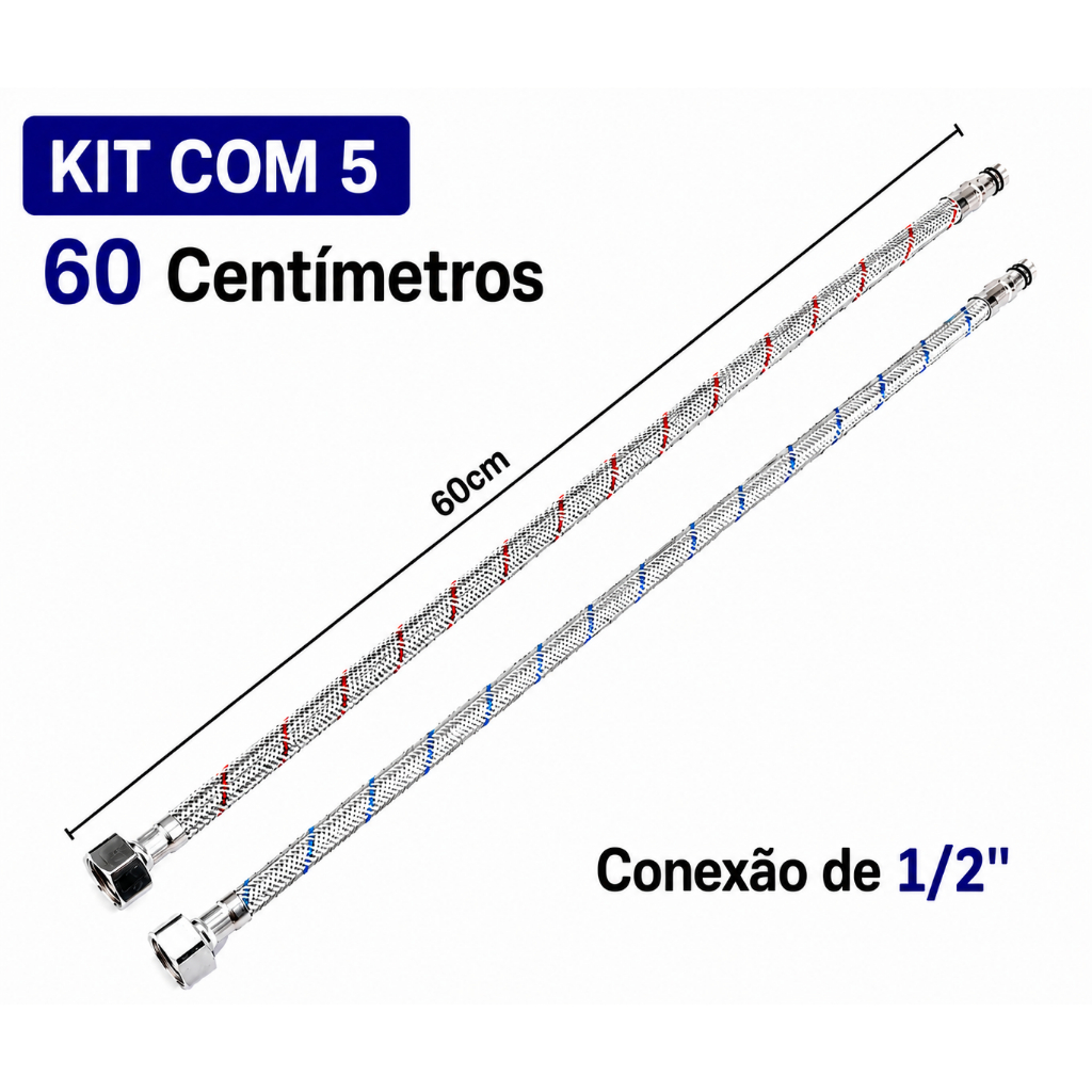 Par Engate Flexível para Misturador Monocomando | 60cm 1/2" Prateado | KIT com 5
