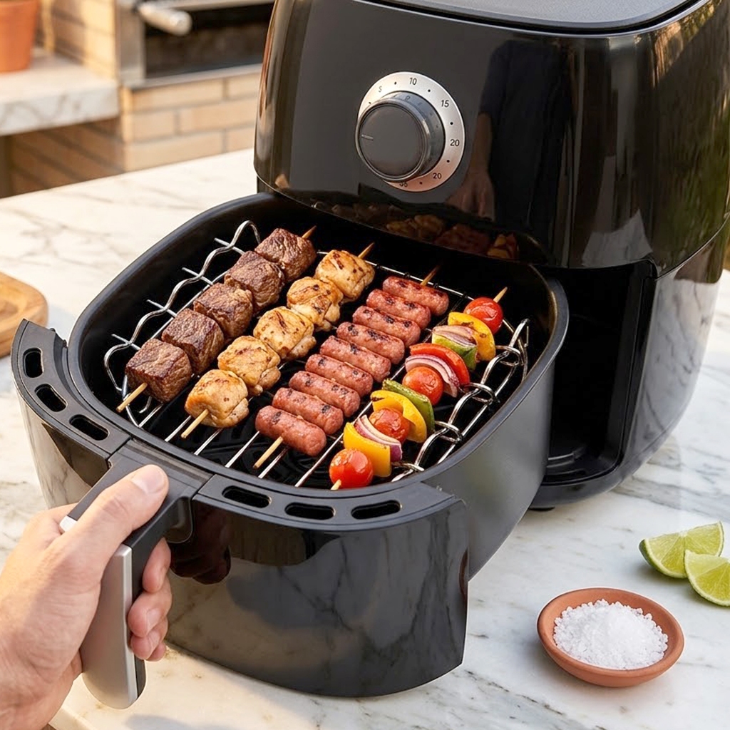 Imagem Kit Espetos Churrasco Para Air Fryer Com Rack Suporte Espetinho Ponta Grelha Portátil Multiuso Forno
