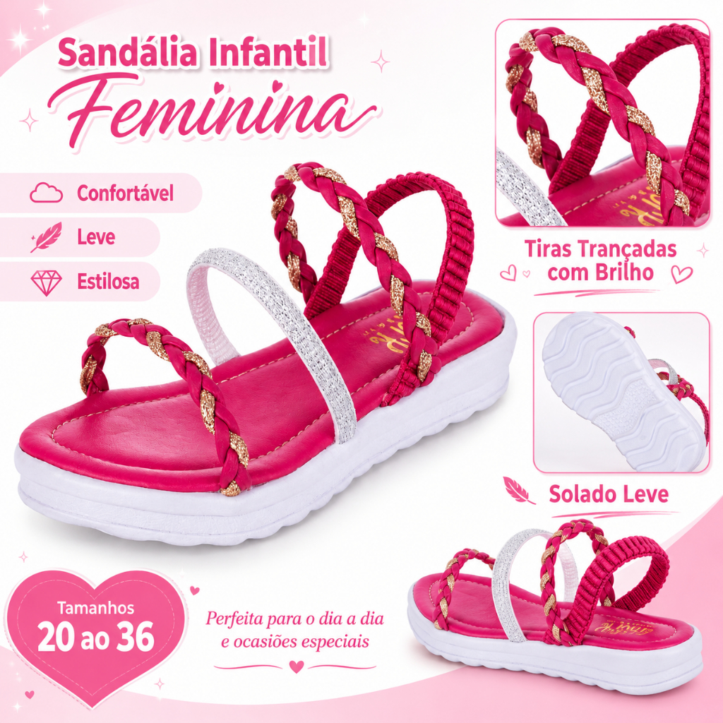 Sandália Infantil Mr Feminina Menina Rosa Tiras Trançadas Com Brilho Confortável 20 Ao 36 Envio Imediato