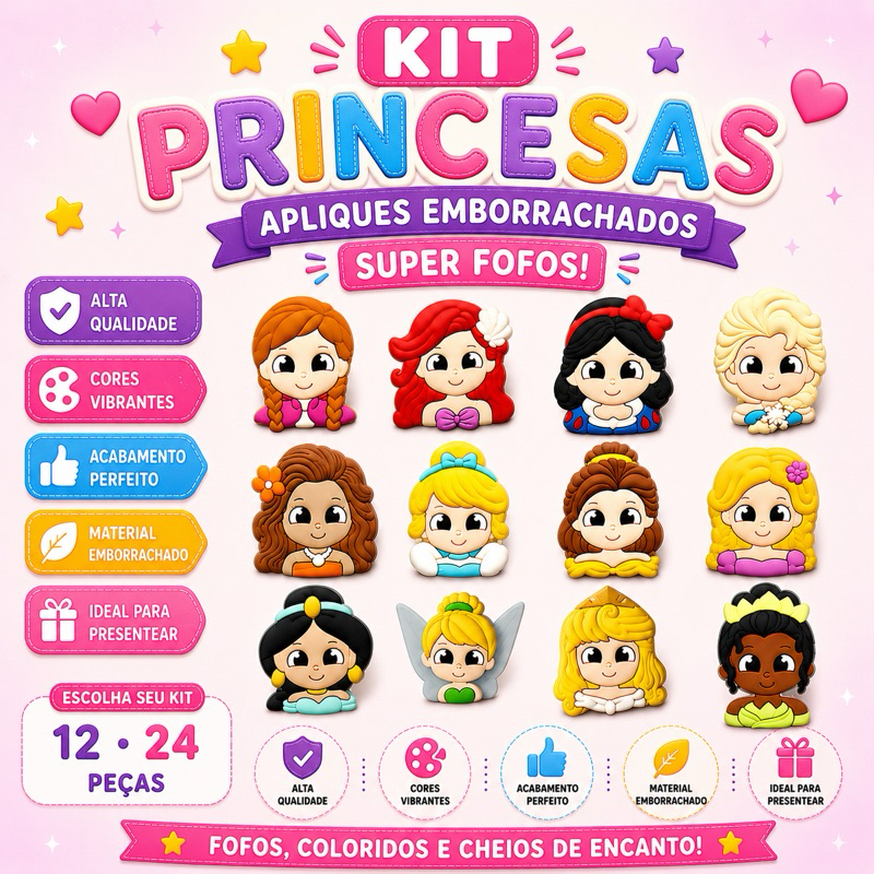 Kit Aplique Princesas Emborrachado — 12/24 unid | p/ Laços, Tiaras e Artesanato Criativo