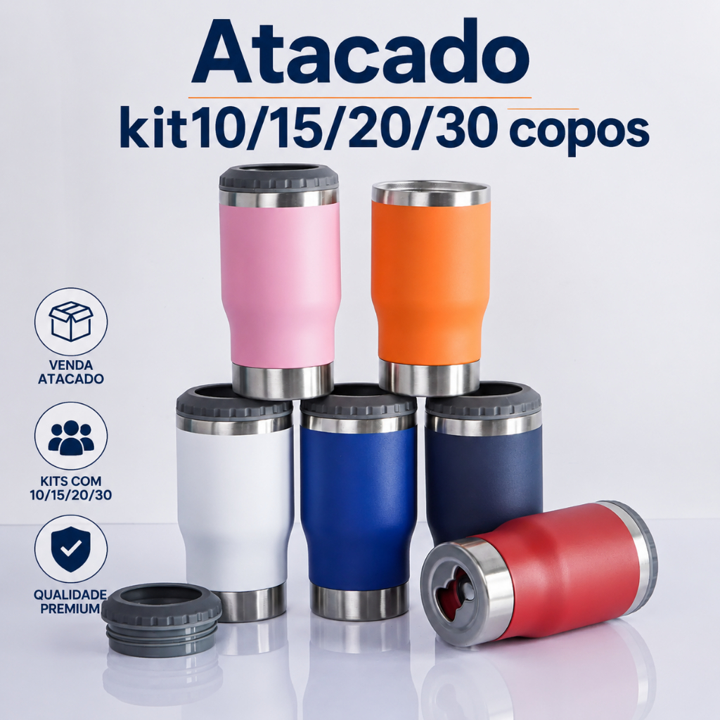 kit10Copo Térmico Porta Lata/long Neck Isolamento Vácuo Inox 5x1