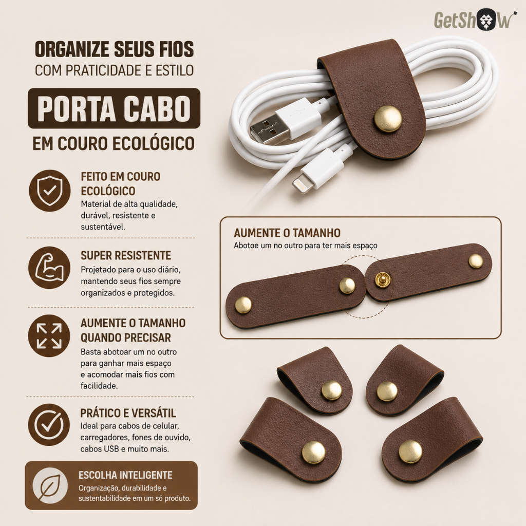 6 Porta Cabo Presilhas Abraçadeira Couro Sintético Fios Cabos Fone Organiza
