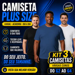 Kit 3 Camisa Camiseta Blusa Plus Size Masculina Dry Fit Lisa Confortável Proteção Solar UV Academia Casual Leve Treino