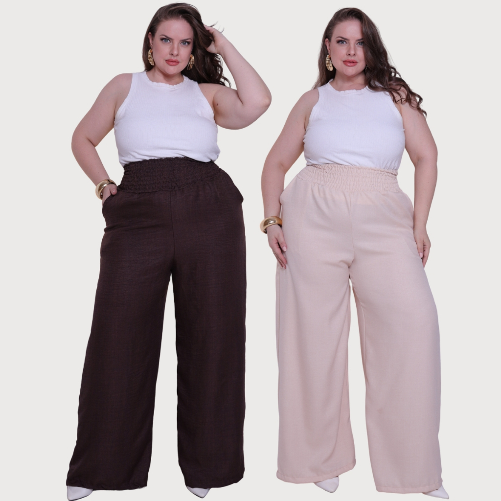 Calça Feminina Pantalona Plus Size Elastex Cintura Alta