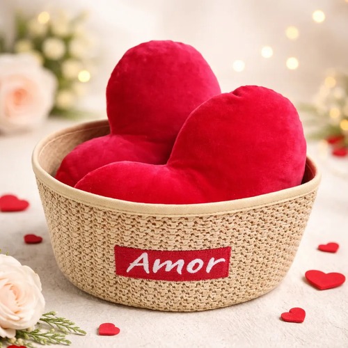 Cesto Com Dois Corações Vermelhos Dia Dos Namorados 30cm Presente Romântico Dia dos Namorados Amor Pelúcia Permanente