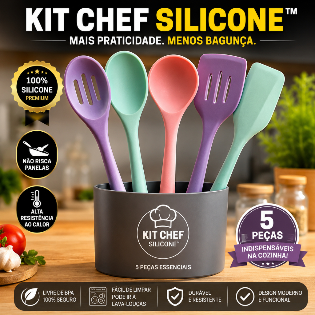 Kit Chef Silicone 5 Peças Utensílios Cozinha Silicone Antiaderente Resistente