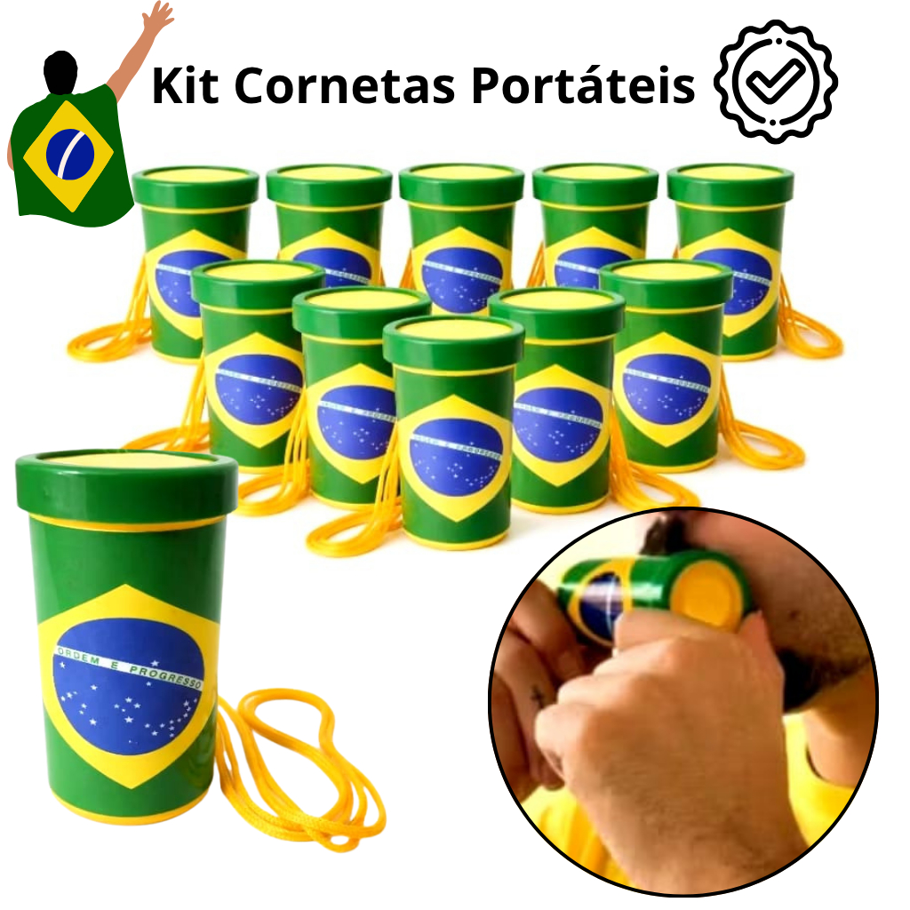 Kit 10 Corneta Vuvuzela Apito Pequena Brasil Verde Amarela Apito Torcida Festa Lembrancinha Copa