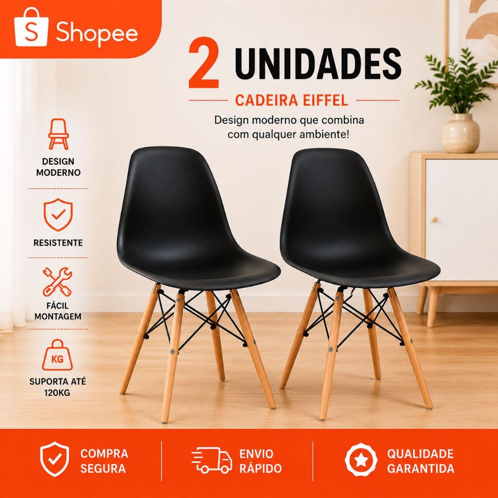 Kit 2 Cadeira Eames Eiffel Pés de Madeira Mesa Escrivaninha QuartoVárias Cores Escritorio