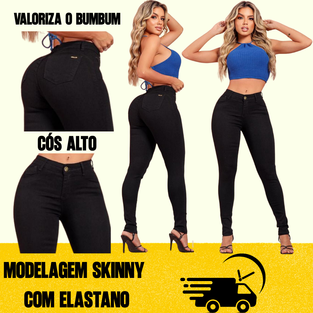 Calça Skinny Feminina Jeans Preto Com Cintura Alta E Efeito Levanta Bumbum Com Super Elastano