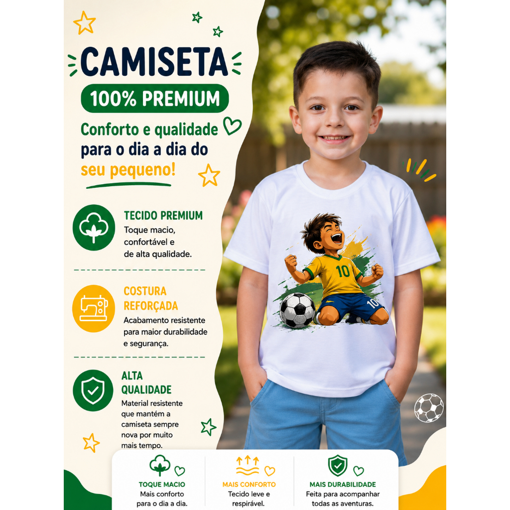Camiseta Infantil Brasil Brasileiro Camisa 10 Futebol Copa do Mundo Artilheiro Jogador Caro Camisa