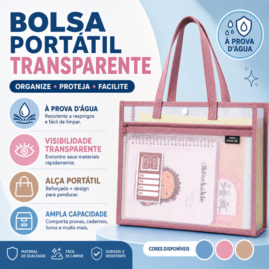Pasta Transparente para Documentos Impermeavel Grande Espaço Interno Bolsa de Documento com Ziper A4