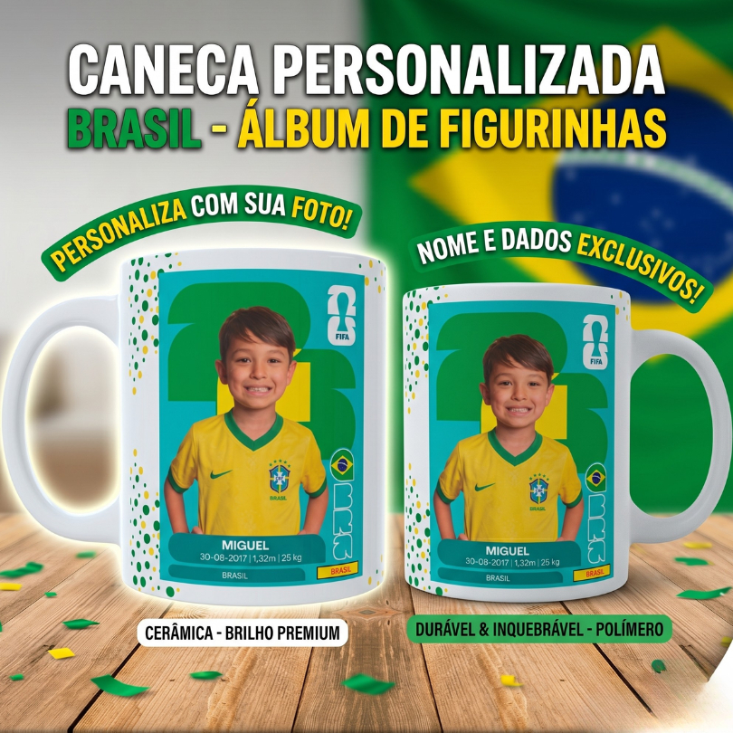 Caneca Personalizada Figurinha Brasil - Com  Foto e Nome - Cerâmica ou Polímero Plástico
