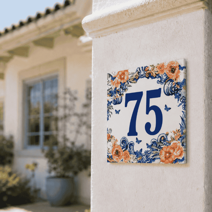 Azulejo Número de Casa Residencial Personalizado - Nome da Rua e Número Placa | Floral Azul com Bege