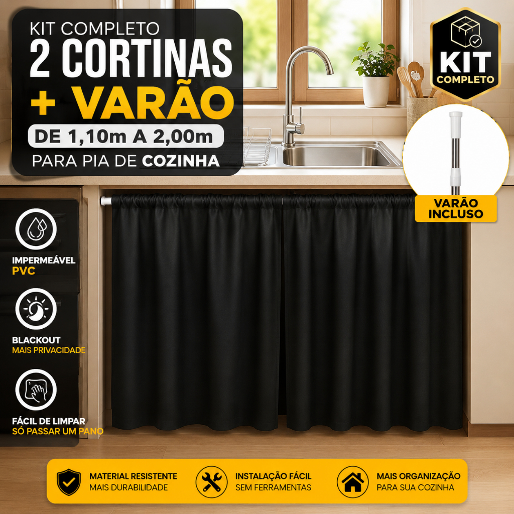 Kit 2 Cortinas Pia Cozinha Impermeável PVC Blackout + Varão extensível 1,10 a 2,00 m