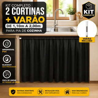 Kit 2 Cortinas Pia Cozinha Impermeável PVC Blackout + Varão extensível 1,10 a 2,00 m
