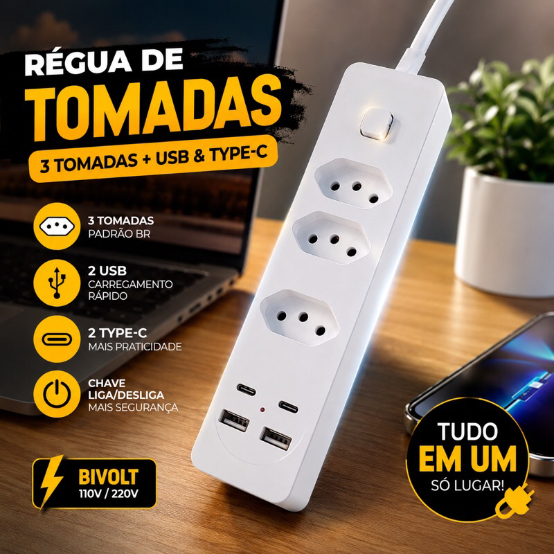 Régua de Tomadas 3 Entradas com USB e Type C Bivolt com Interruptor Extensão Filtro de Linha