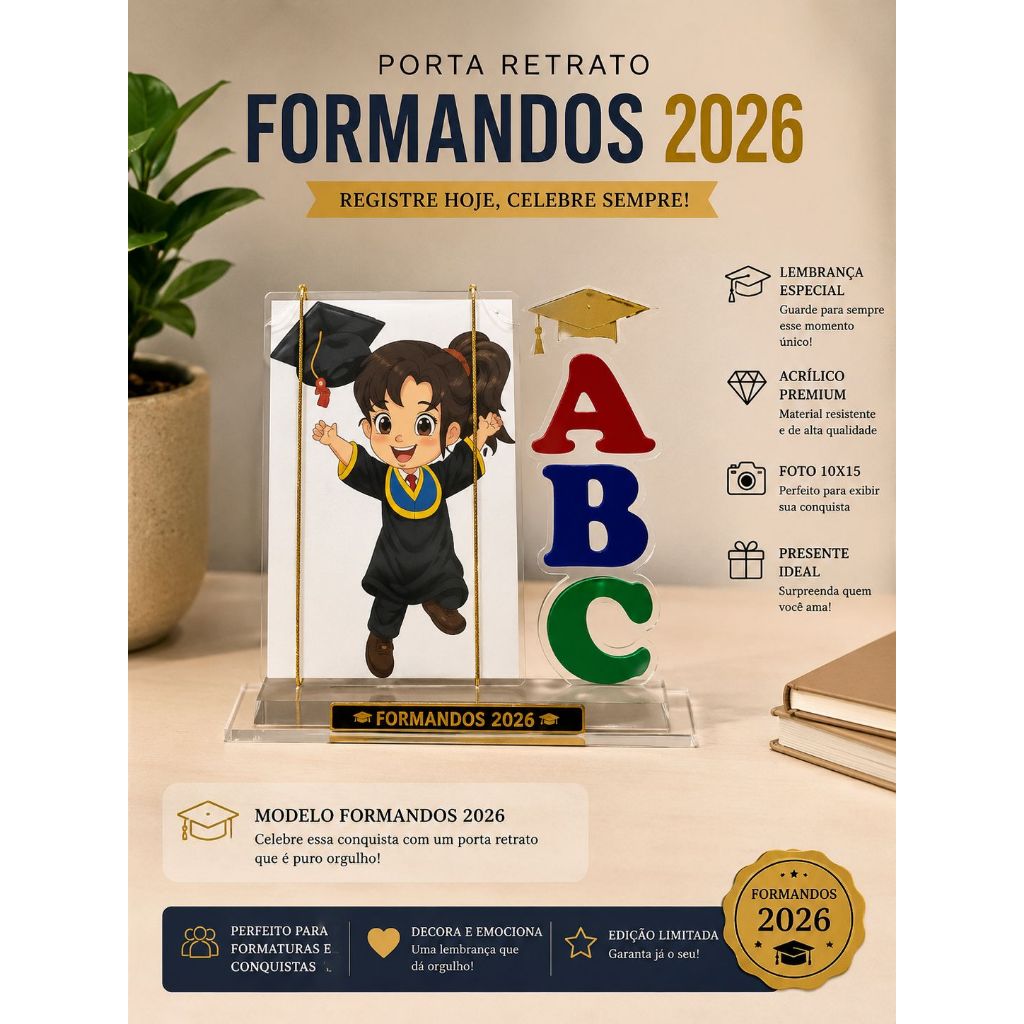 Porta Retrato Formatura Infantil Acrílico ABC Cristal ou Branco com Letras Espelhadas – Lembrança Escolar - Formatura