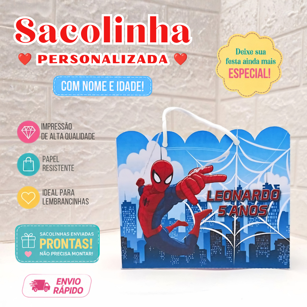 Sacolinha Personalizada | Lembrancinha Aniversário Luxo | Festa Infantil | Homem Aranha | Spiderman