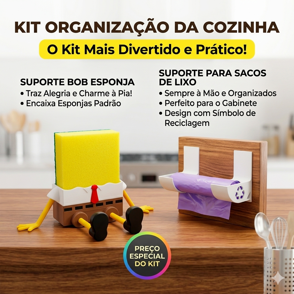 Kit Cozinha Organizador Suporte Esponja Bob + Porta Saco de Lixo Suspenso Cozinha