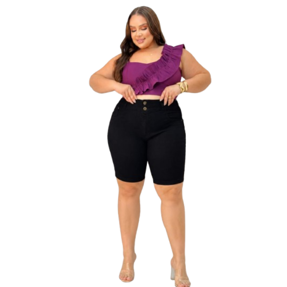 Bermuda Jeans Pedal feminina Plus Size Modelo Curve Preto Lycra 48 ao 64