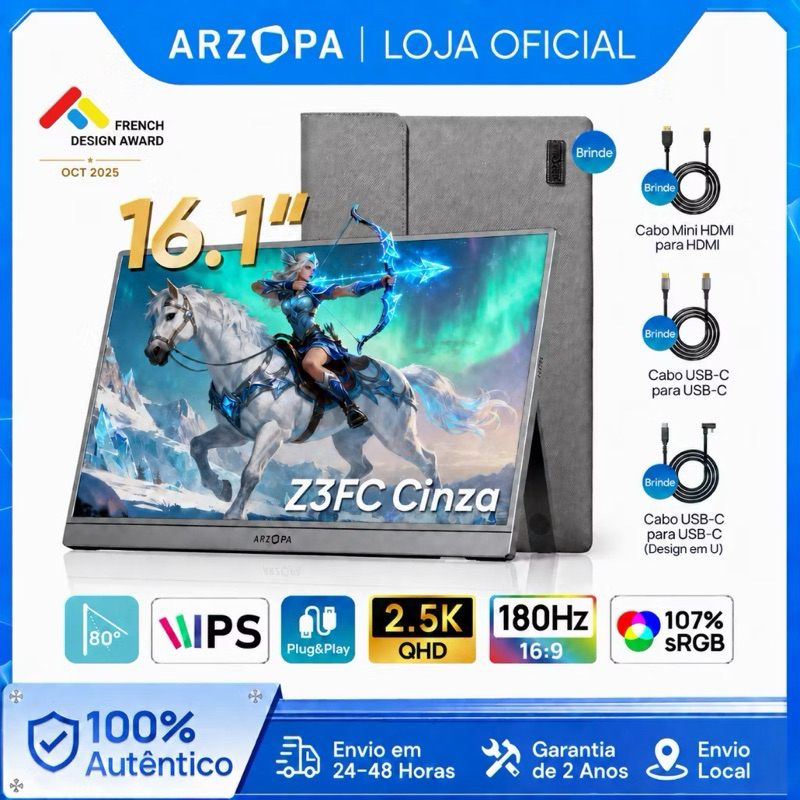 Monitor Gamer Portátil ARZOPA 16.1" 1080P, 144Hz, 106% sRGB, HDR, para Mac, PC, Switch e PlayStation