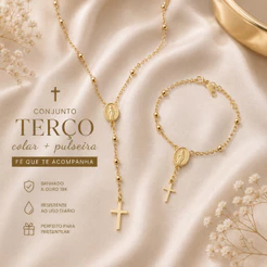 Kit Terço Nossa Senhora Feminino Delicado Colar + Pulseira Religiosa Presente Católico