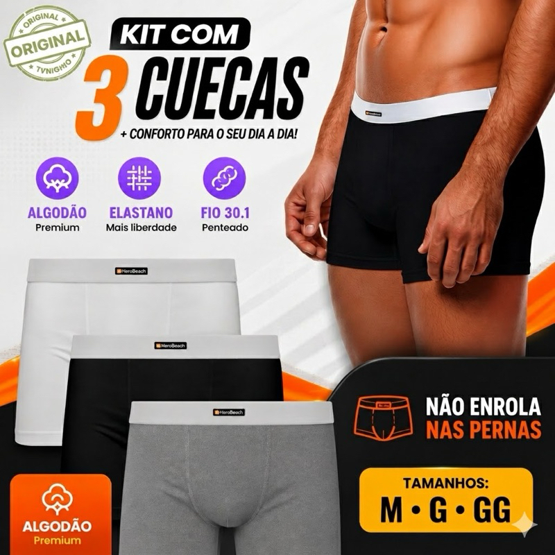 Cueca Boxer Masculina Luxo HeroBeach Algodão 30.1 Premium | Kit com 3