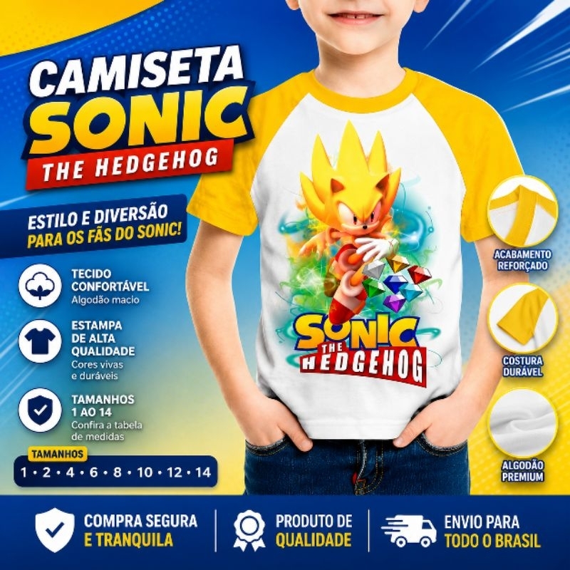Camiseta infantil super sonic camiseta  filme sonic  camiseta sonic amarelo