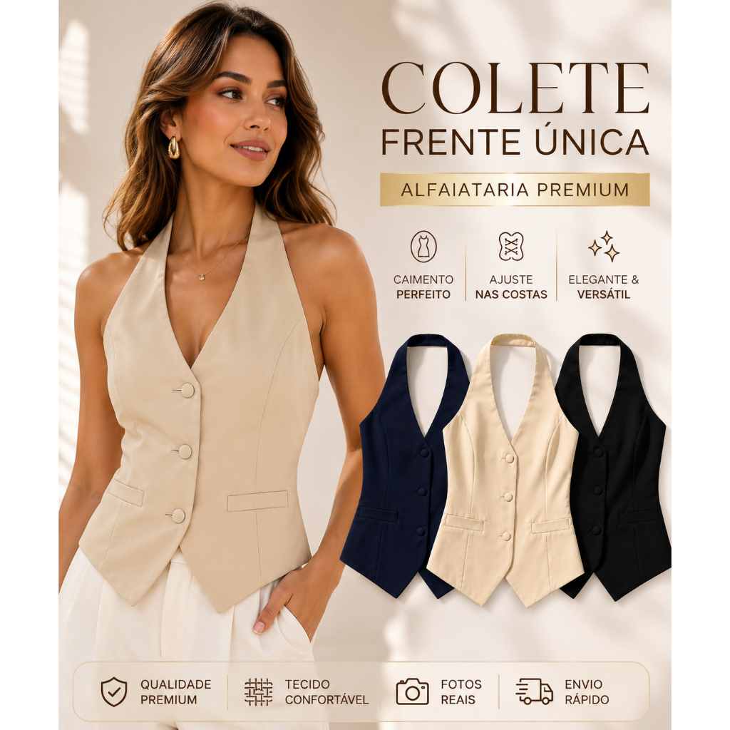 Colete Feminino Alfaiataria Elegante Social Sem Manga Decote V Botão Frontal