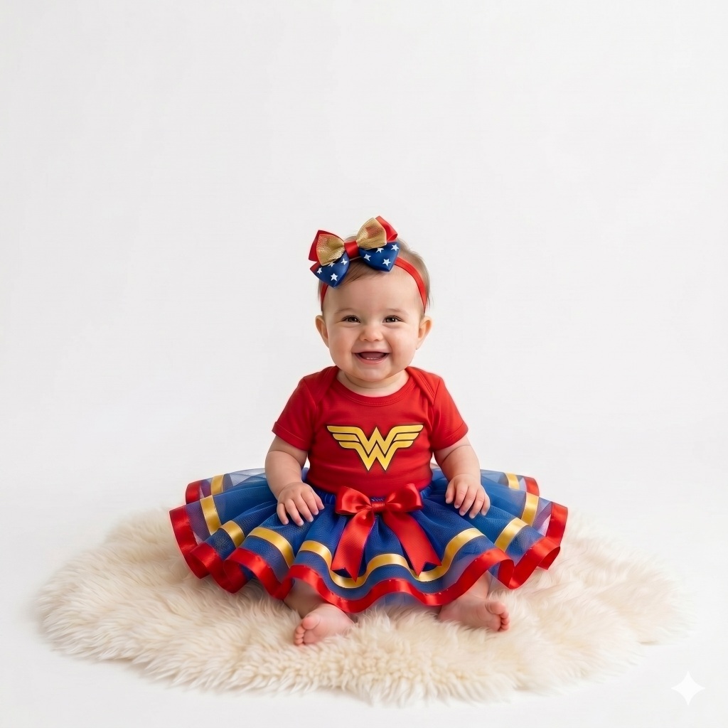 Body Bebê Fantasia  Mulher Maravilha Luxo com Saia Tule e Laço – Body Infantil Menina Super Heroína